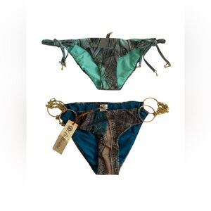 Bellissima Luxury Bikini Bottoms Teal & Bronze Feather Print Side Tie Size L NEW